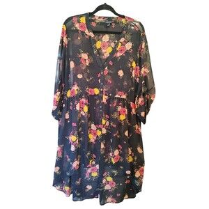 torrid Black Floral Sheer Button-Front Tunic with Pink & Yellow Flowers
